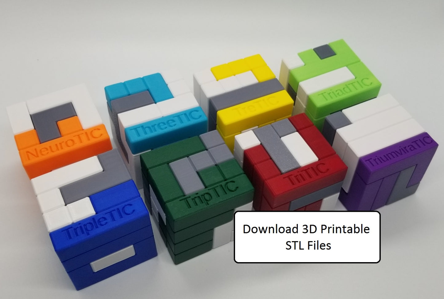 Download 3D Printable STL Files for 8 Three Piece 4x4x4 Turning Interlocking Cube Puzzles